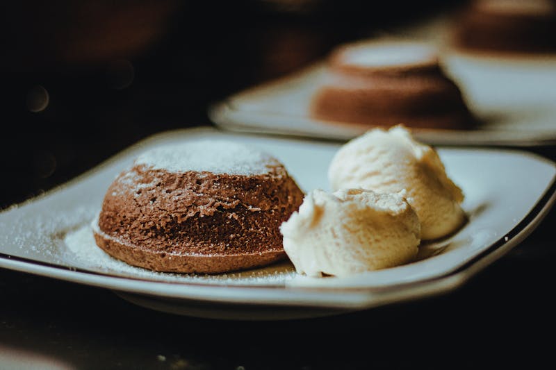 Warm Chocolate Brownie dessert with vanilla ice cream